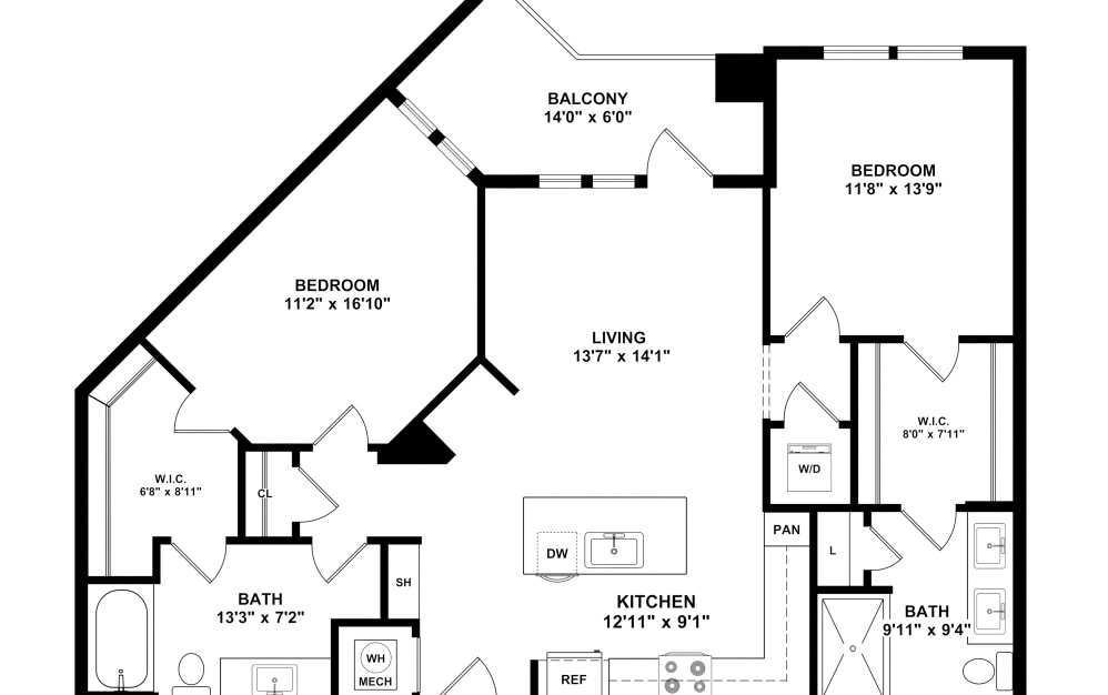 B2 - 2 bedroom floorplan layout with 2 bathrooms and 1140 square feet (2D)