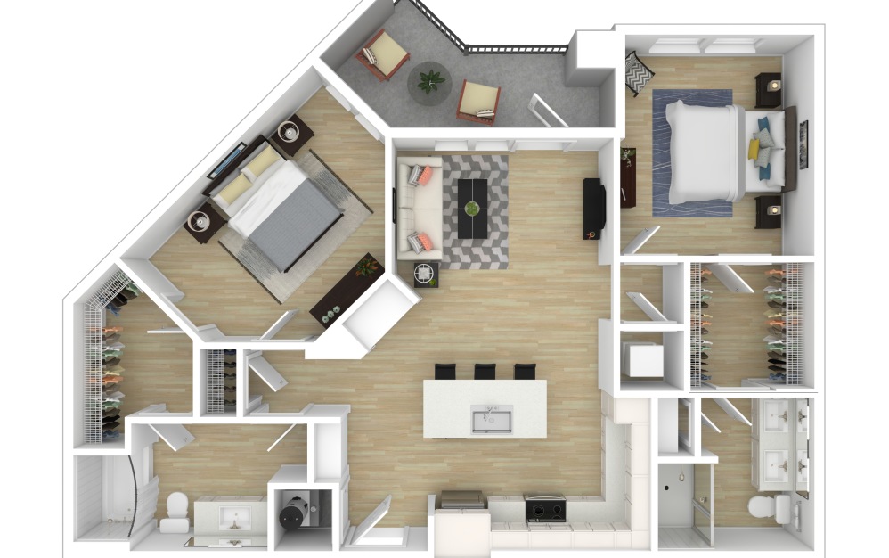 B2 - 2 bedroom floorplan layout with 2 bathrooms and 1140 square feet (3D) B2 - 2 bedroom floorplan layout with 2 bathrooms and 1140 square feet (3D)