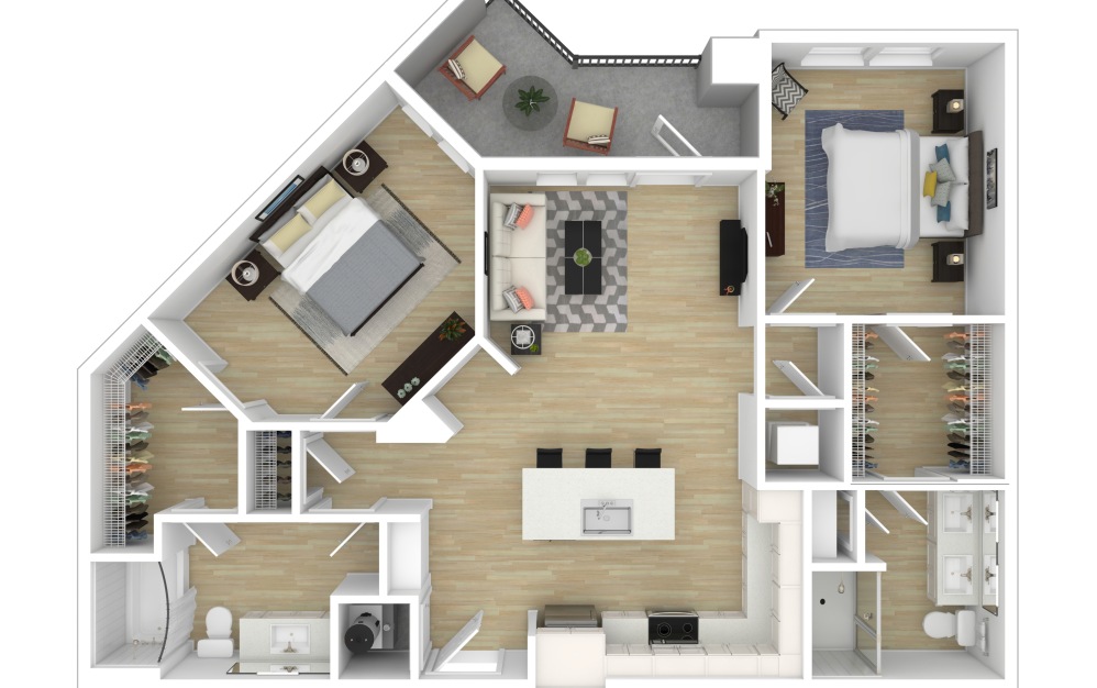 B2 - 2 bedroom floorplan layout with 2 bathrooms and 1140 square feet (3D)